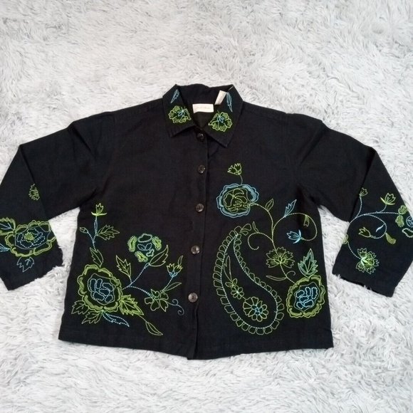 Vintage Studio Works Womens‎ Shirt Black M Button Linen Floral Embroidery Collar - Picture 1 of 13